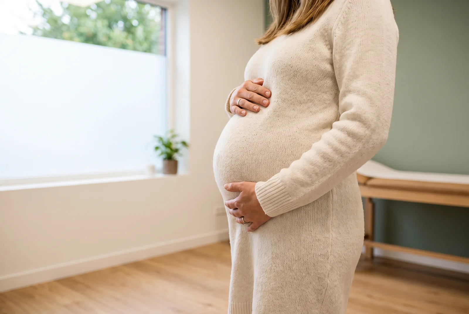 Schwangere im Seitenprofil, die Hände auf dem Bauch, in einem hellen Behandlungsraum
